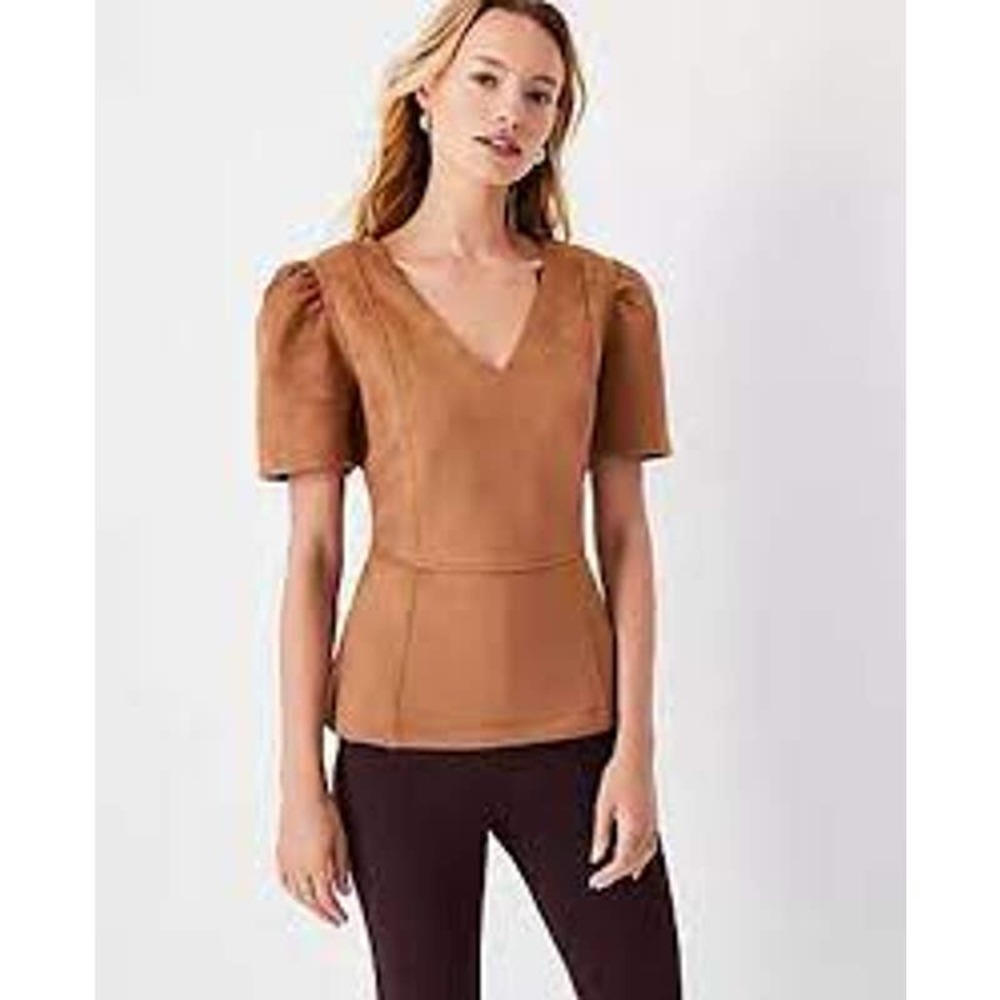 Ann Taylor size M faux suede peplum top in toasted coconut v neck flare sleeves